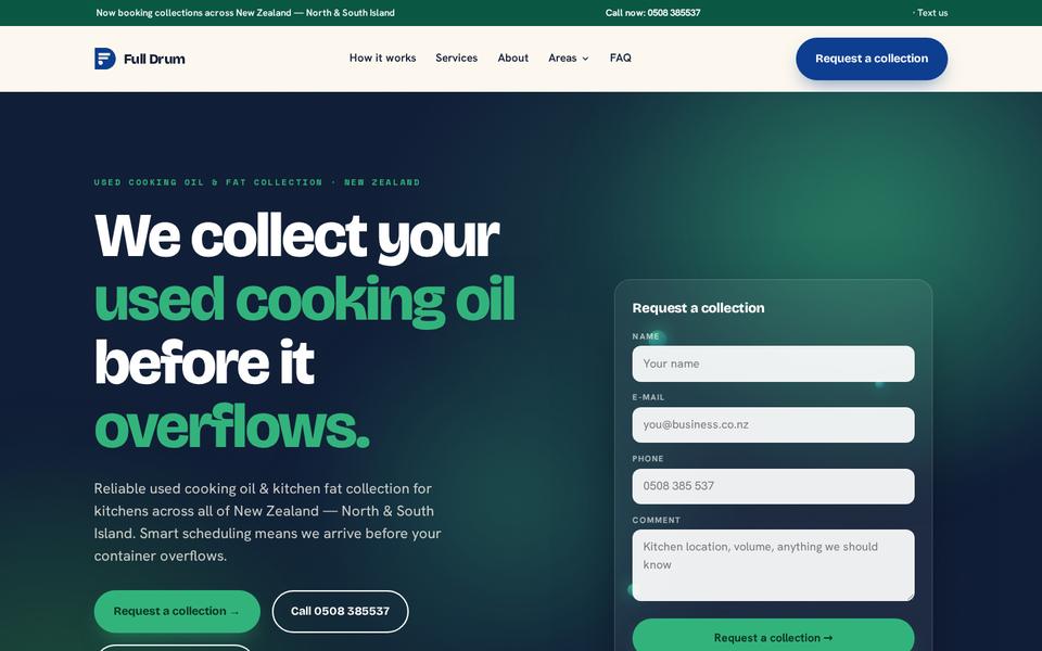 Full Drum homepage: used cooking oil collection across New Zealand